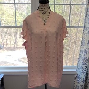 Light Pink V-Neck Textured Short Sleeve Women's Top